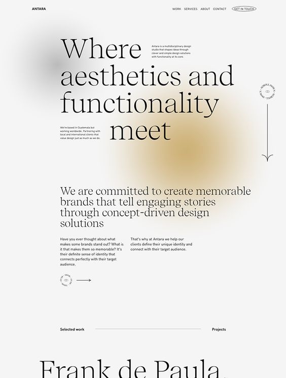 Website design for the Antara design studio, with the large serif headline “Where aesthetics and functionality meet”