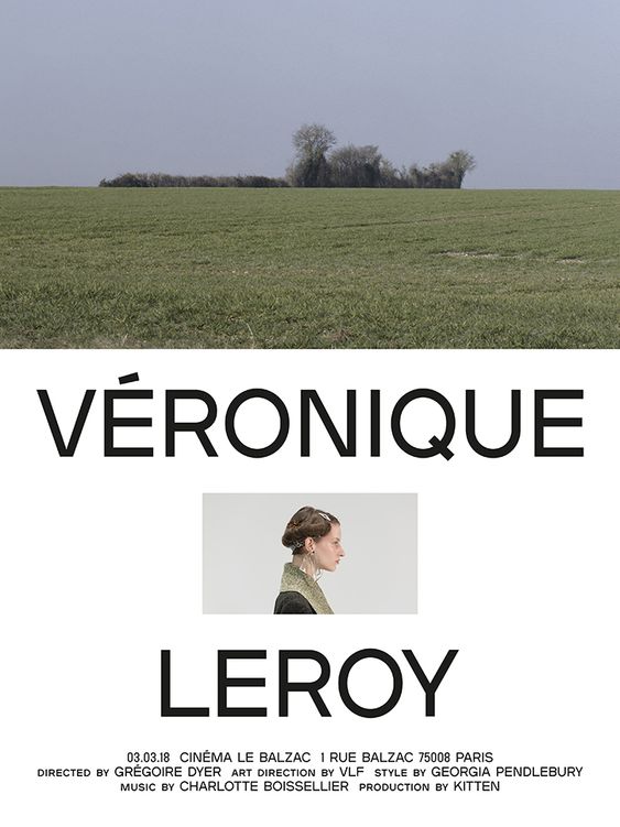Poster-style web design for Véronique Leroy: a green field photograph above a large sans-serif title