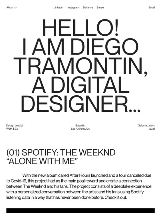 Portfolio website design with the headline “Hello! I am Diego Tramontin, a digital designer”