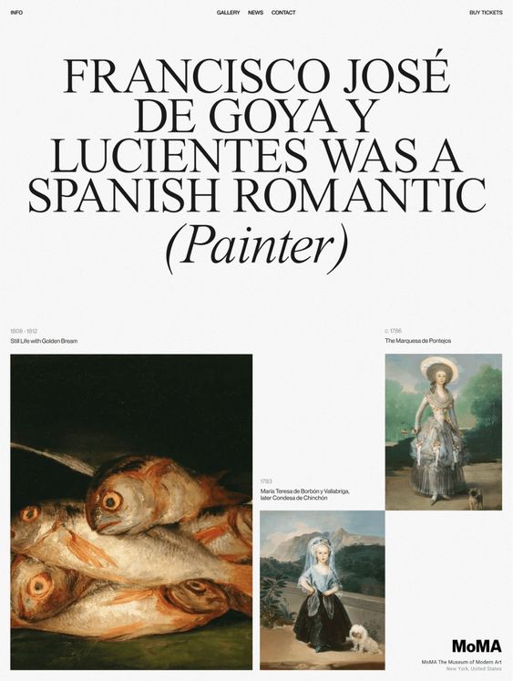 Museum website design with the headline “Francisco José de Goya y Lucientes was a Spanish Romantic painter” above three of his paintings
