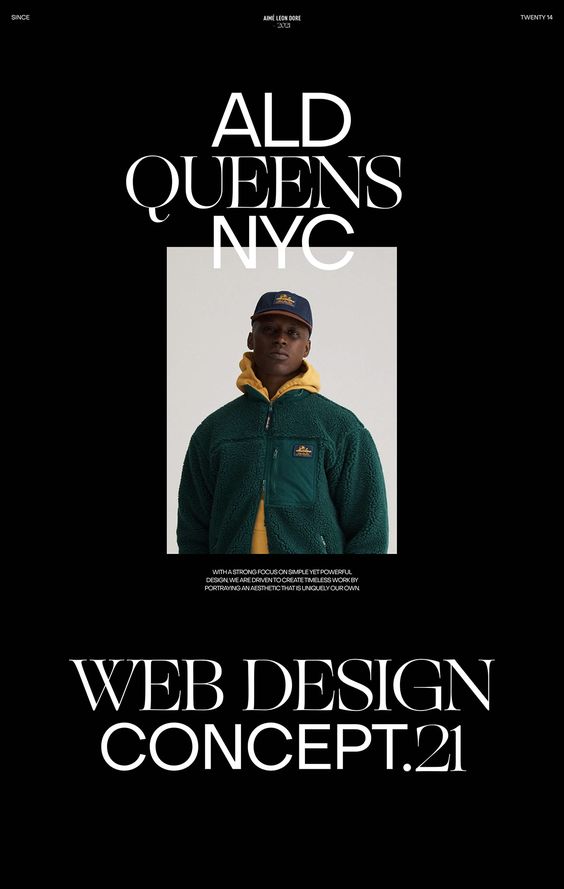 Dark web design concept: a man in a green fleece jacket and cap under the headline “Web design concept.21”