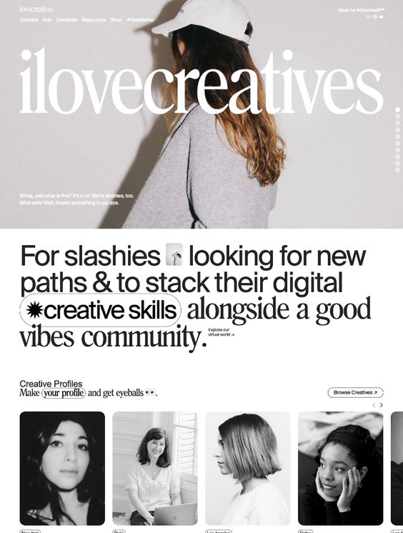 Website design for ilovecreatives: a large serif logo over a photo of a person in a white cap, and a row of portrait photos of creatives below
