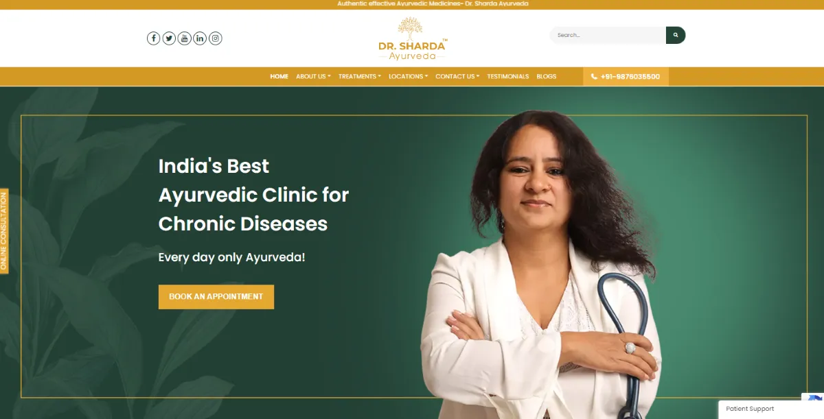 Dr. Sharda Ayurveda website homepage: a doctor in a white coat beside the headline “India’s Best Ayurvedic Clinic for Chronic Diseases”
